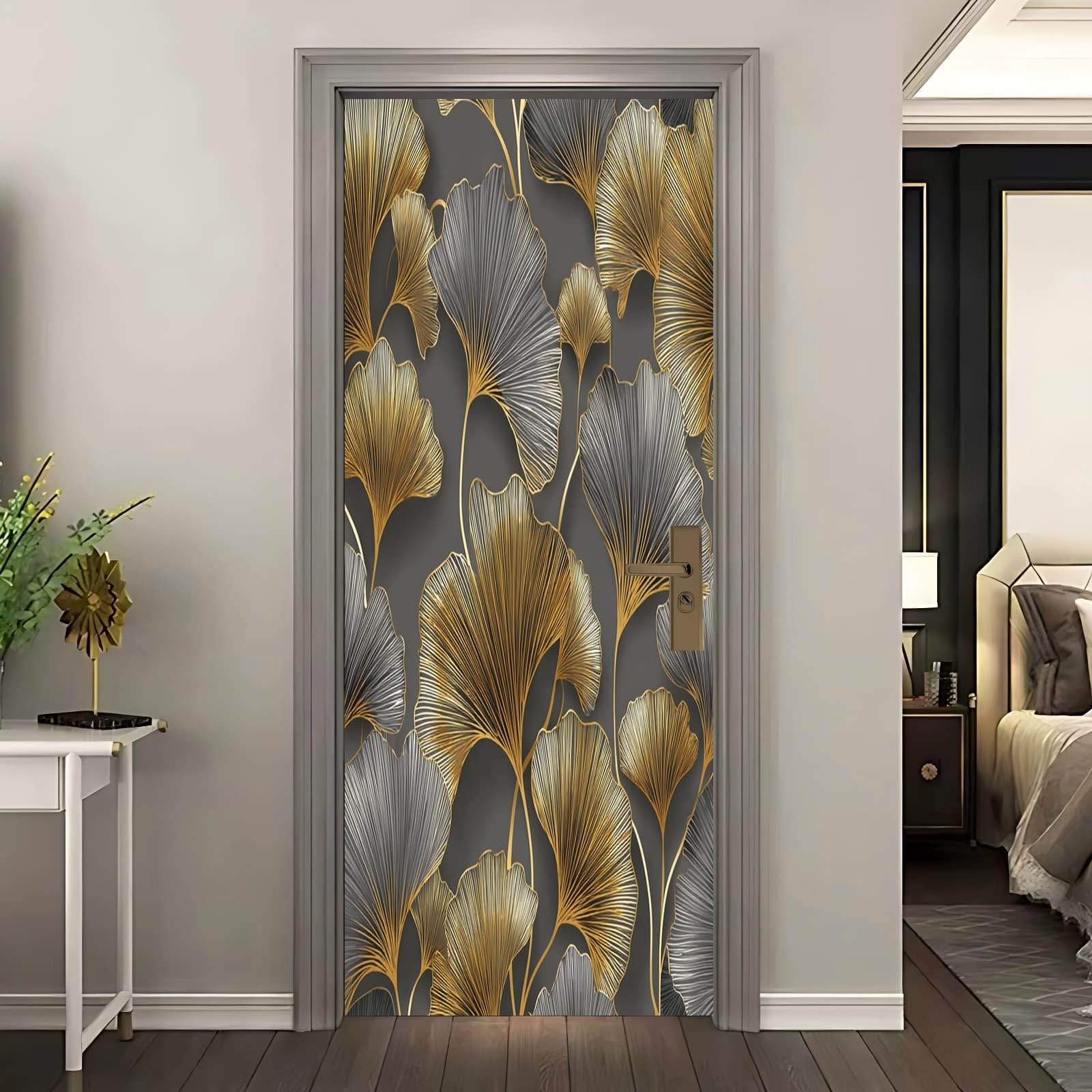 Sticker de porte 3D salon et chambre papier peint ginkgo or cendré 77x200