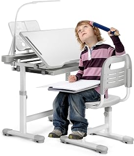 Rengue Kids Adjustable Desk & Chair Set: 55° Tilt Desktop, LED Lamp 3 Modes, Storage Drawer, Hooks - Grey for Ages 3-12