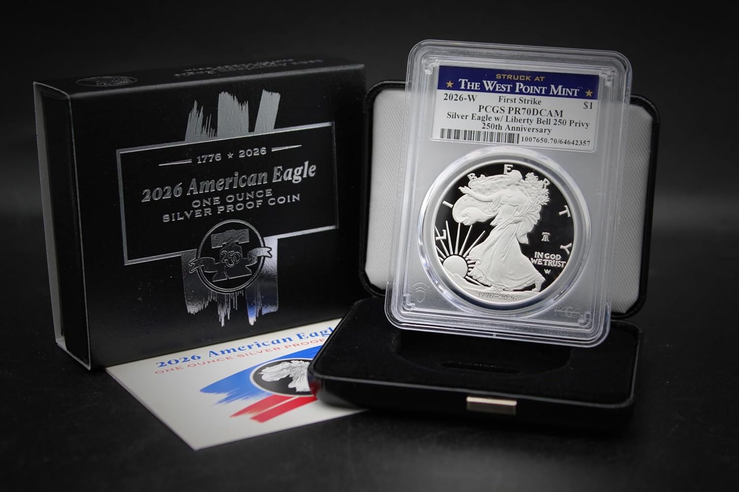 2026 W 1 oz American Silver Eagle Proof Coin PR-70 Deep Cameo (First Strike - 250th Anniversary - Liberty Bell 250 Privy - Struck at the West Point Mint) with Official Government Packaging $1 PCGS PR70DCAM