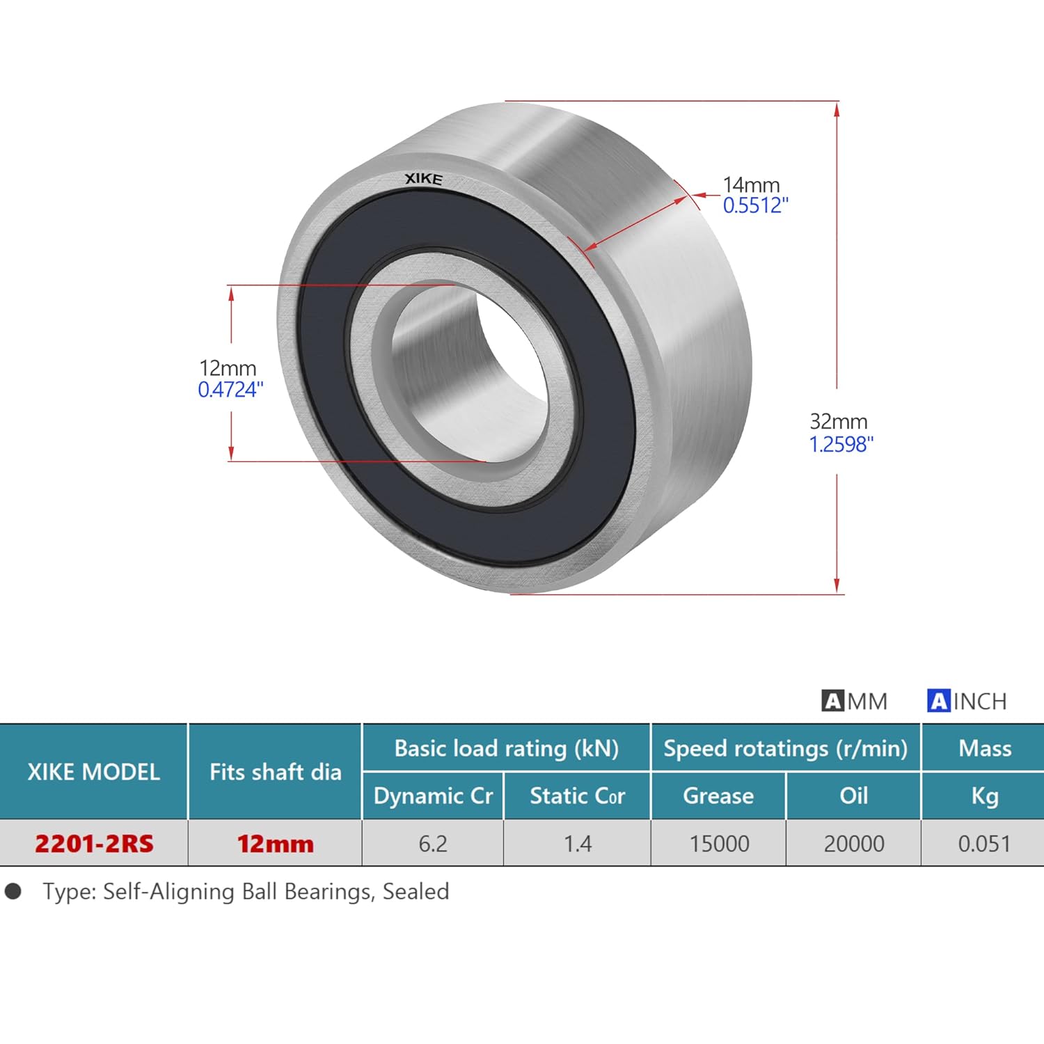 XIKE 1 Pcs 2201-2RS Sealed Self-Aligning Ball Bearings 12x32x14mm, Lubricated and Chrome Steel Fits DIY/Fans/Industrial/Agriculture/Pulp/Paper/Beverage/Textile/Material Handling Machinery.