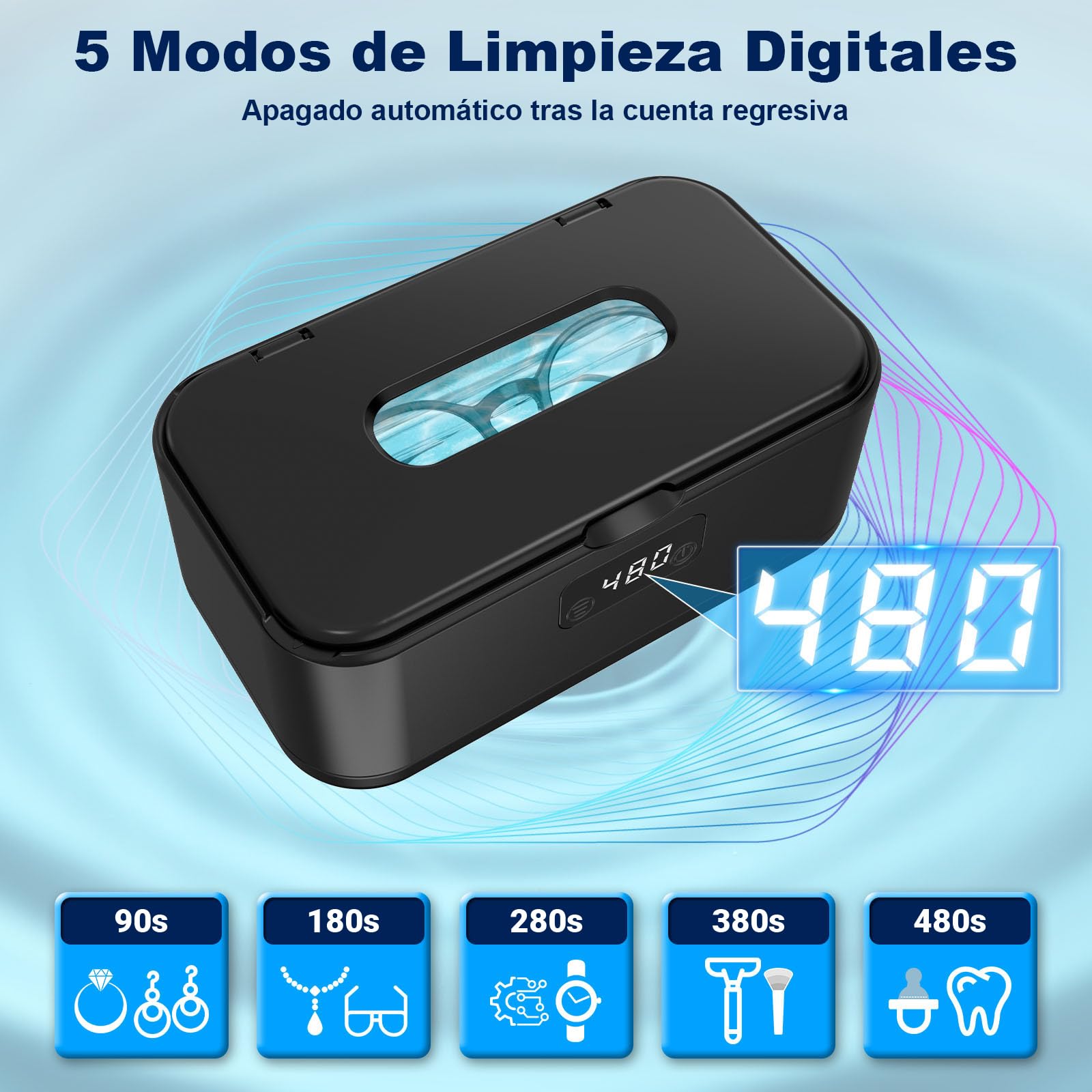 Dispositivo de limpieza por ultrasonidos férula dental 49 kHz | 5 modos, portátil, 800 ml, acero inoxidable 304 SUS