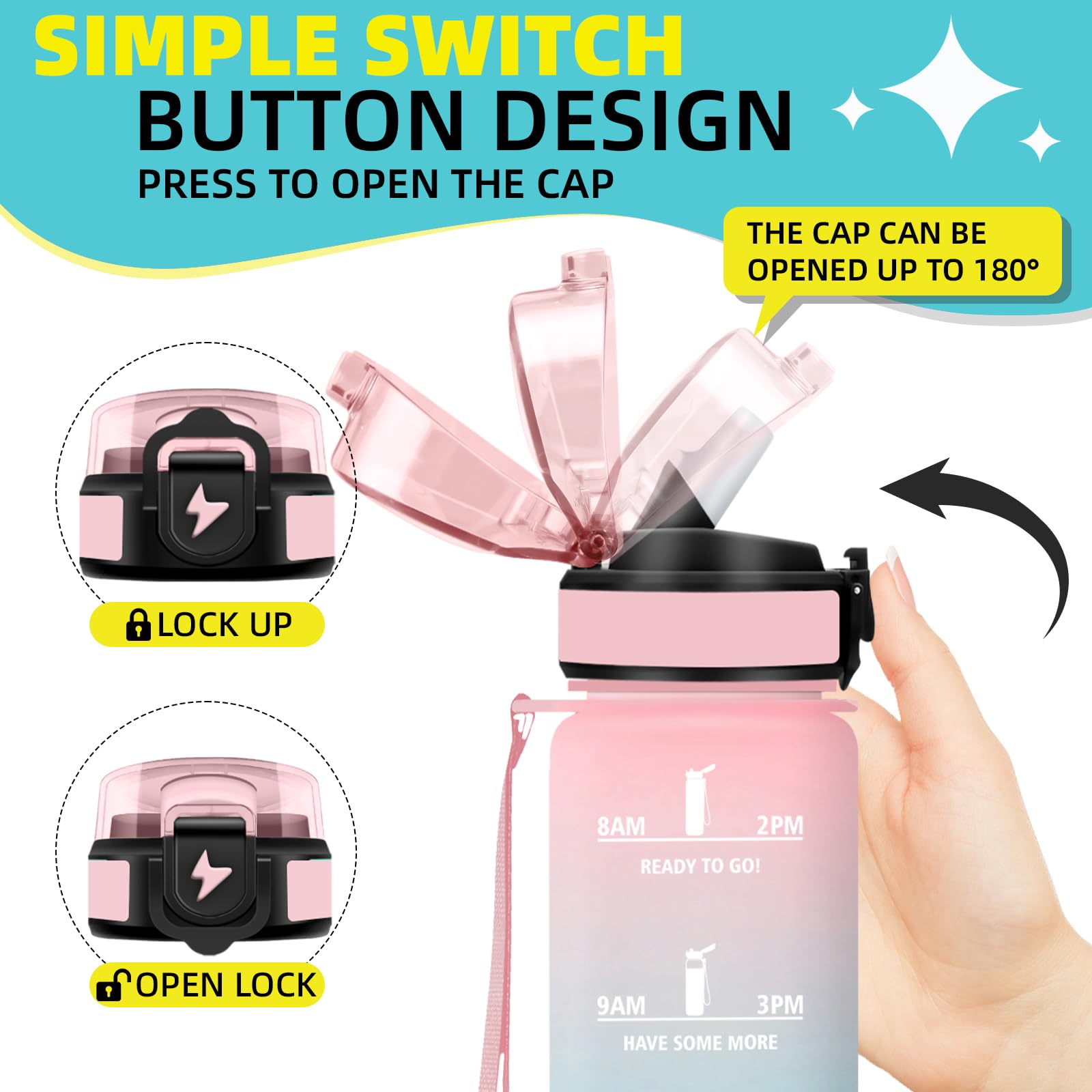 Grsta Borraccia 1 litro, Borracce con Cannuccia, Facile da Pulire, Senza Perdite Borraccia Palestra con Indicatore del Tempo, Bottiglia Motivazionale per Campeggio, Bicicletta, Fitness