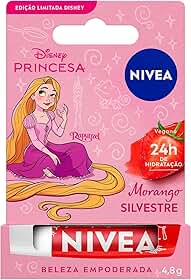 NIVEA Hidratante Labial Morango Silvestre Ed. Limitada Rapunzel Disney® Princesa 4,8g, Hidratação Intensa 24h, Cor Suave, Brilho Delicado, Manteiga de Karité