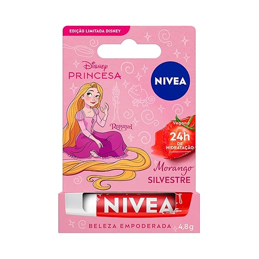 NIVEA Hidratante Labial Morango Silvestre Ed. Limitada Rapunzel Disney® Princesa 4,8g, Hidratação Intensa 24h, Cor Suave, Brilho Delicado, Manteiga de Karité