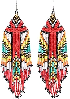 Long Beaded Tassel Earrings – Large Native Bohemian Statement Beaded Fringe Drop Earrings, Big Tribal Boho Seed Bead Chandelier Dangle Earrings for Women Girls