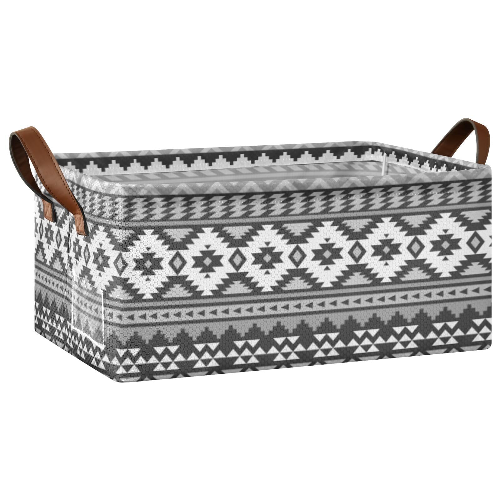 Fygkptb Seamless Tribal Ethnic Pattern in Vintage Retro 1 PC Rectangle Foldable Frame Basket Leather Handles Storage Bin for Laundry Bathroom Organizer 16.9 x 11.4 x 7.7 inch