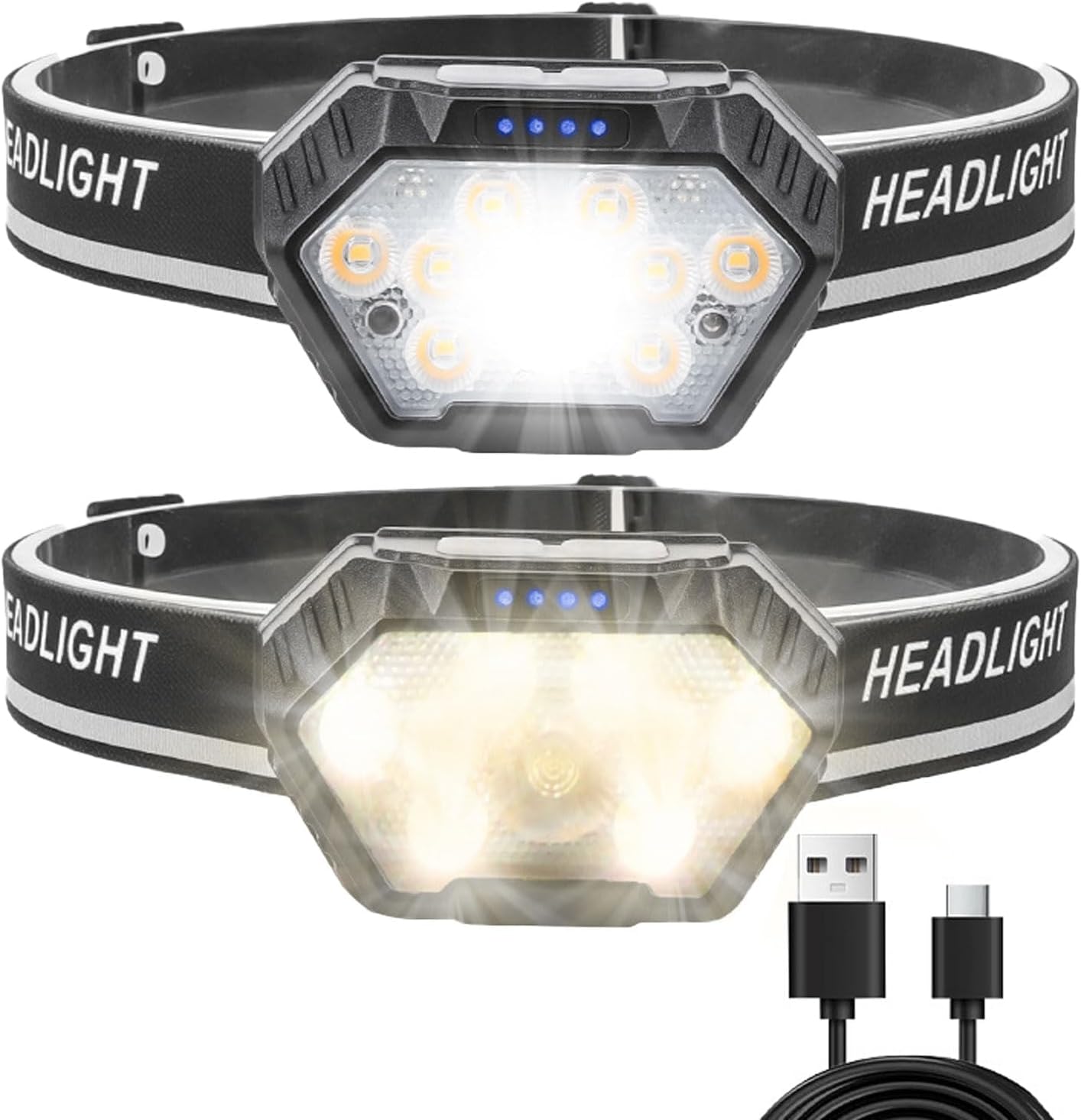 Two Pack Headlamps Flashlight, Motion Sensor Control, 400 Lumen Ultra-Light Bright LED Rechargeable Headlight, 4 Modes for Outdoor Camping Running Hiking Fishing