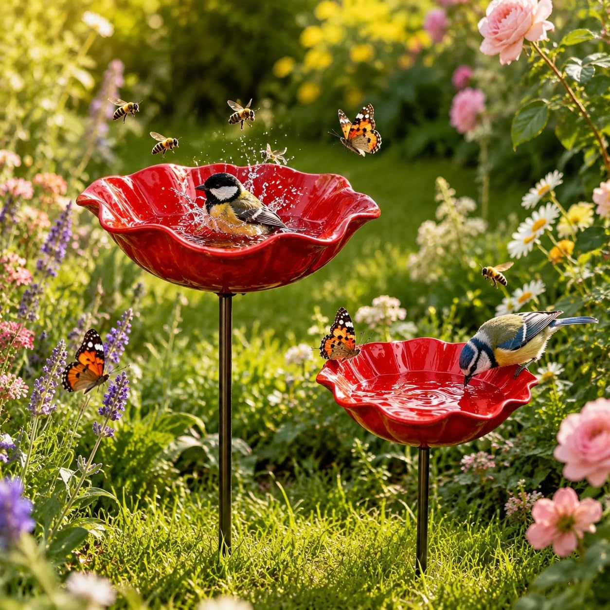 2Pcs Metal Flower Bird Bath Stake – Outdoor Garden Birdbaths, Decorative Rain Catcher Bowl for Feeding & Watering, Rustic Yard Ornament