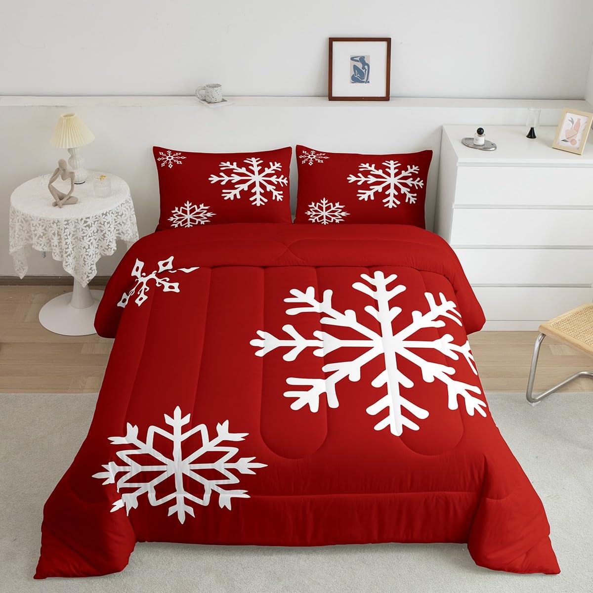 Red Christmas Bedding Sets Queen White Snowflakes Pattern Comforter Set Xmas Magic Snowflake Duvet Insert For Kids Boys Girls Modern Red Floral Quilt Girly Romantic Down Comforter For Bedroom,3Pcs