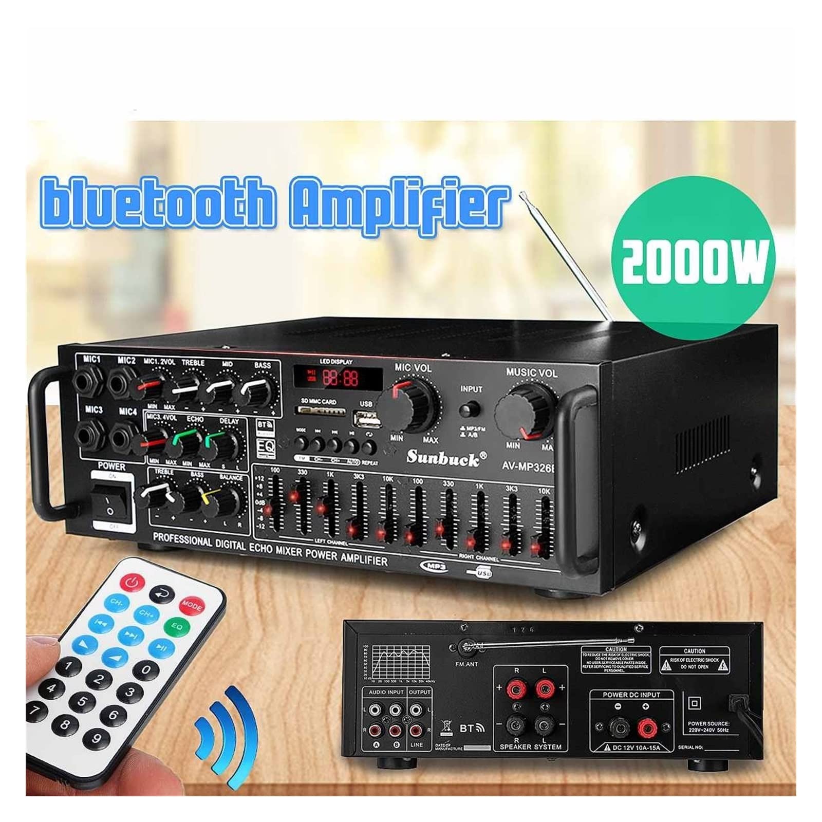 EDEDE Amplificador Audio, Amplificador de 2 Canales con, Amplificador HiFi, Reproductor de de Alto Rendimiento, Subwoofer, Amplificador de USB SD Power, para el hogar o tu Coche