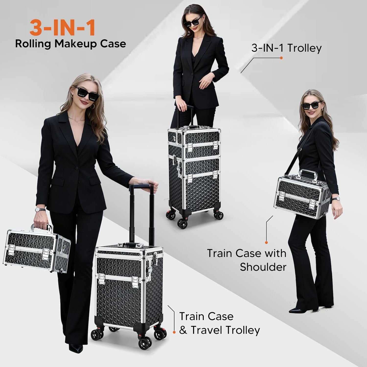 Professional Rolling Makeup Case, 3 in 1 Makeup Train Case, Cosmetology Case on Wheels, Large Makeup Trolley Salon Barber Traveling Trunk Suitcase for Makeup School Nail Tech Hairstylist MUA, Black