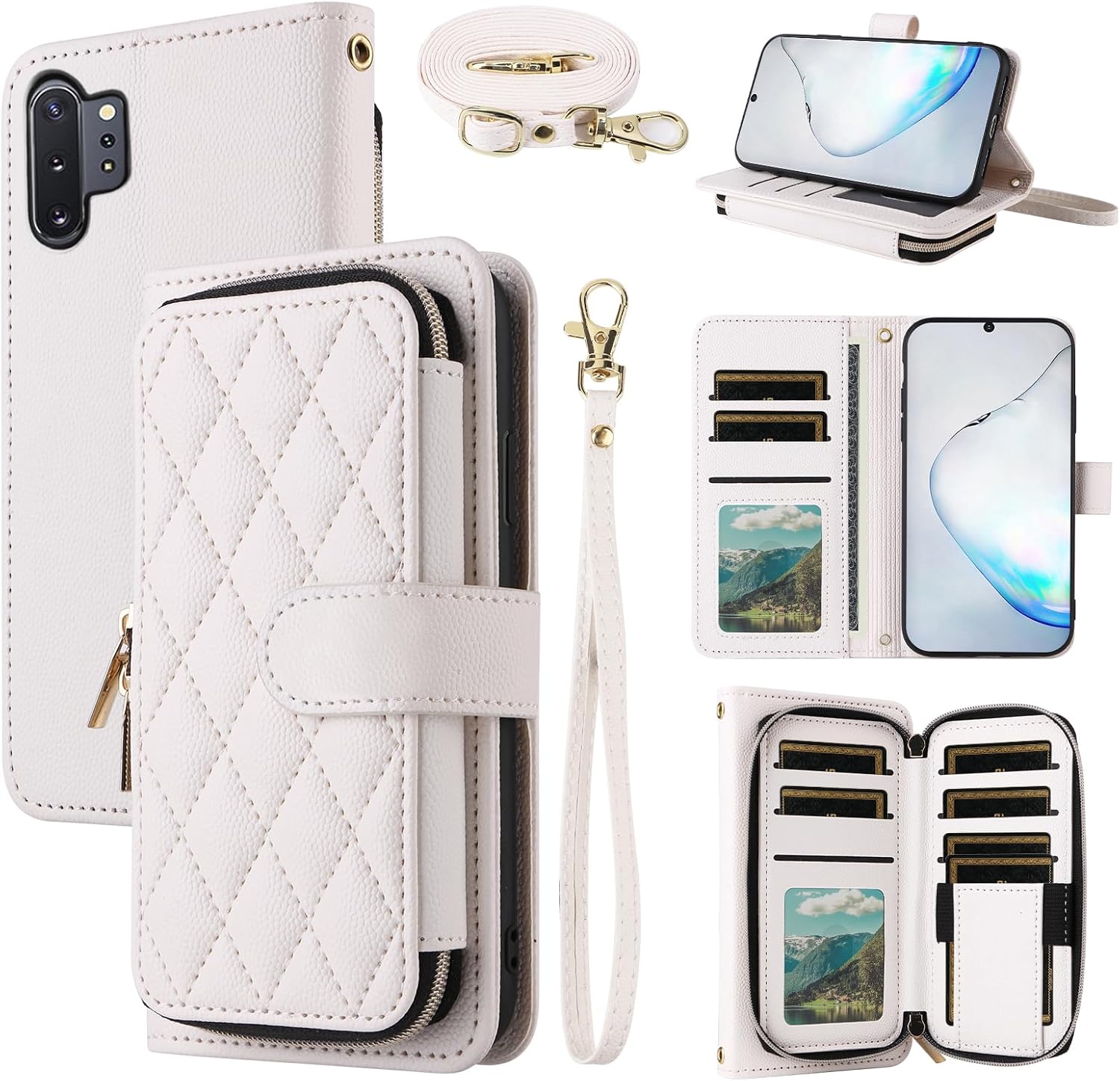 Argyle Wallet Case for Samsung Galaxy Note 10 Plus Note10+ 5G with Wrist Strap Shoulder Strap, Zipper Credit Card Holder Stand Cell Phone Cover for Note10 + Notes 10+ Ten Not S10 10Plus White