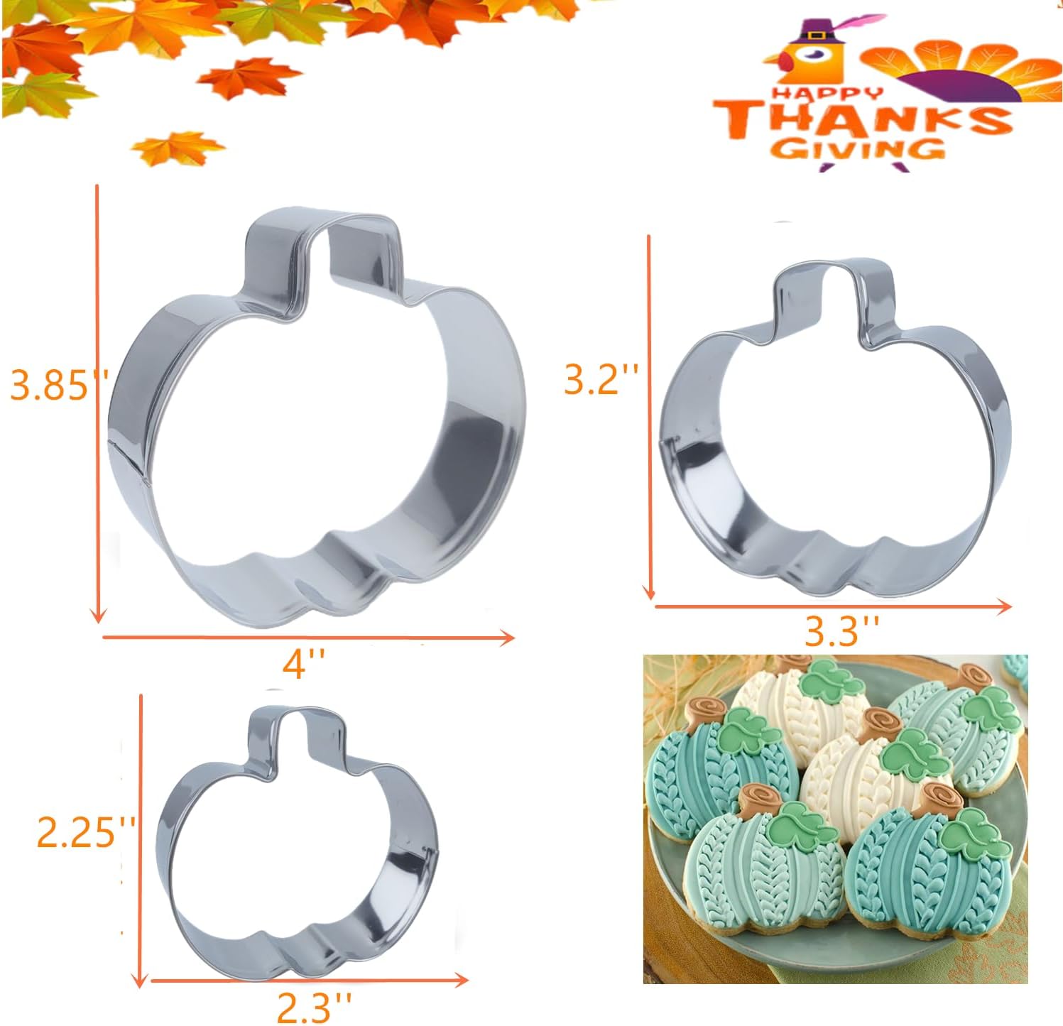 3 PCS Fall Pumpkin Cookie Cutters, 3.85", 3.2", 2.25"Halloween Thanksgiving Cookie Cutters for Harvest Holiday Decoration Party Supplies