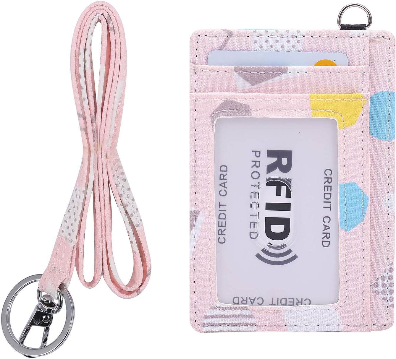 Badge Holder with Lanyard, Printed ID Card Holder Wallet with 1 Clear ID Window, 6 Credit Card Slot - 01