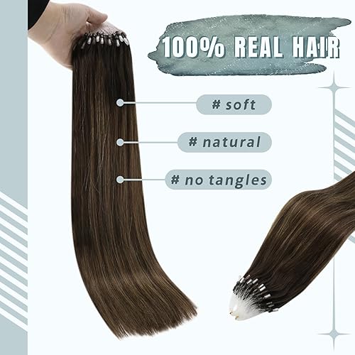 Miniatura 3 de Fshine Extensiones de cabello humano real con microanillo, balayage, 14 pulgadas, 1.76 oz, extensiones de cabello de micro bucle marrón oscuro que