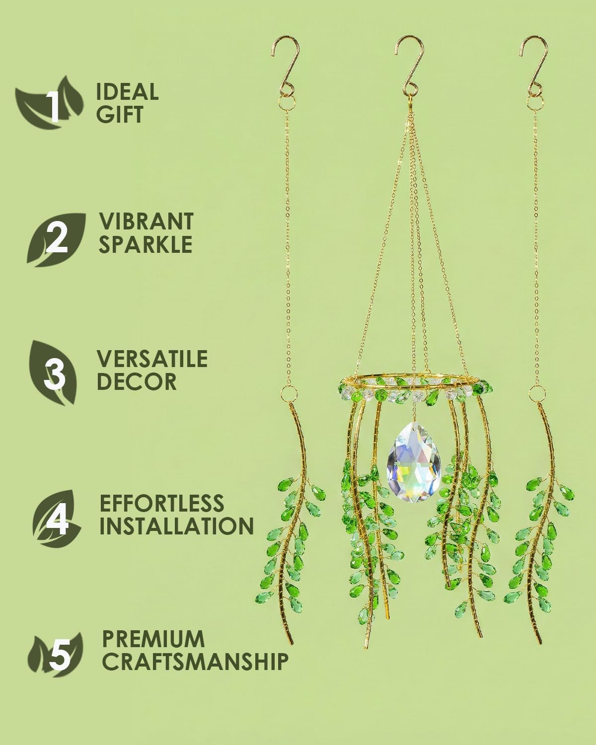 Crystal Suncatchers for Window, 3 Pcs Plant Pattern Hanging Crystal Wind Chimes, Rainbow Maker with Chain, Indoor & Garden Decor, Green