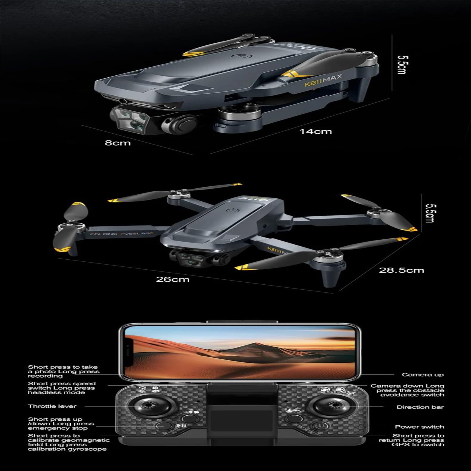Dron k811 MAX 5g Profesional para fotografía aérea 4k HD con Doble cámara omnidireccional y Sistema de evitación de obstáculos, con Pantalla de Juguete.,Single Battery