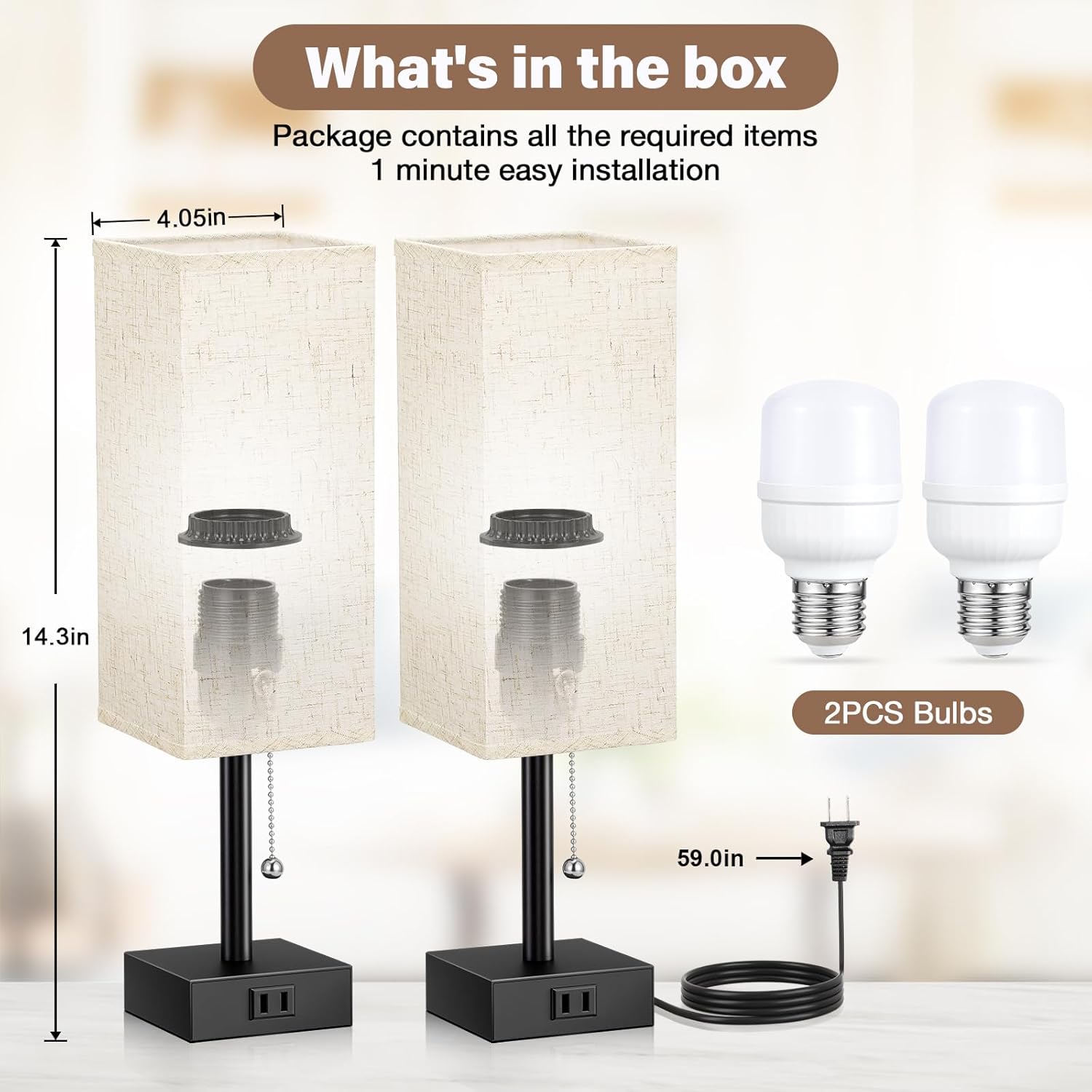 Bedside Table Lamps for Bedroom Set of 2 - Small Rectangular Nightstand Lamp with AC Outlet Charging Port, 3 Color Temperatures Desk Light with Bulb, Tabletop Reading Lamp for Living Room/Dorm/Office