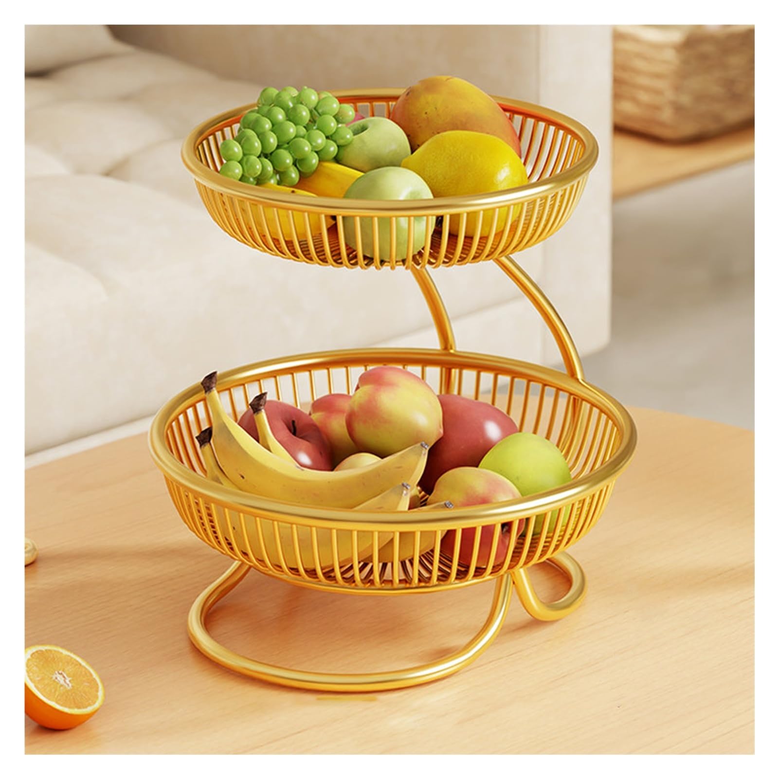 Xcsdew Gold Wrought Iron Fruit Rack,Floor-Standing Shelf,Double-Layer Snack Storage ,Openwork Design,Suitable For Living Room(,28X28.5x30cm)