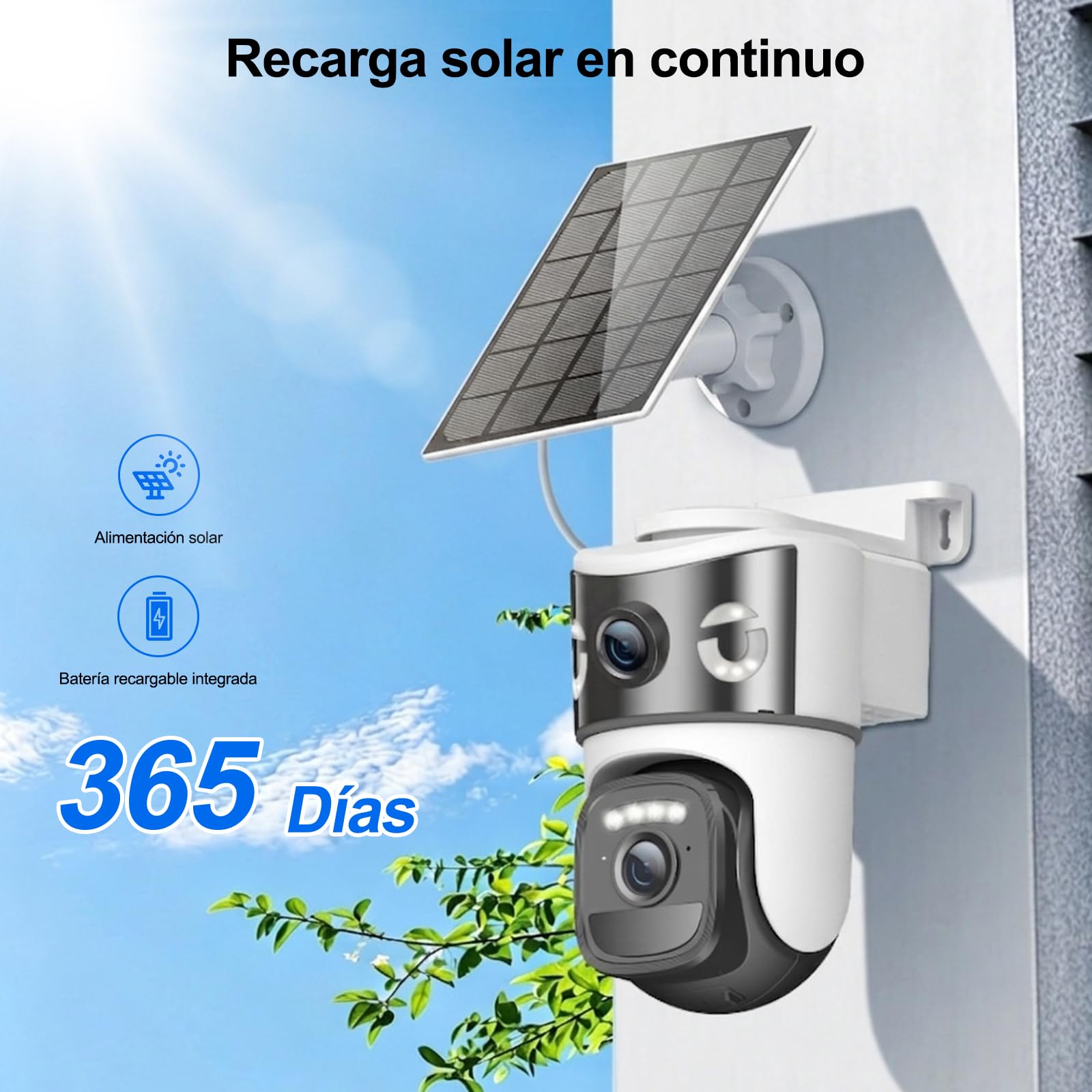 2K Camara Vigilancia WiFi Exterior con Panel Solar,Cámara Solar con Panel,Visión Nocturna Color,PTZ,Audio bidireccional
