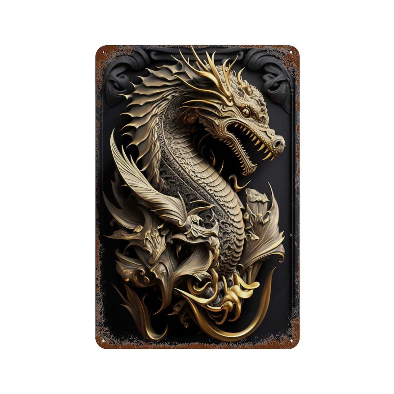 Mystic Dragon Art Deco Rust Effect Tin Sign 11.8"x7.9", Decorative Metal Wall Art for Living Room, Hallway And Home Decor