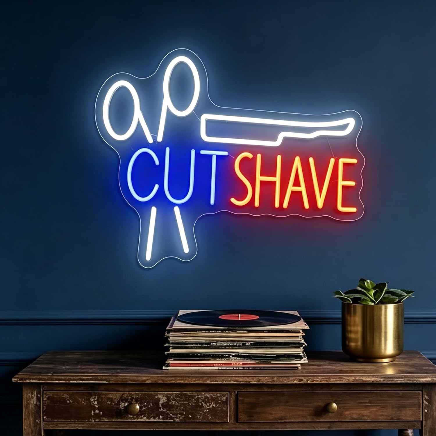 Cut Shave Neon Sign 21inches Dimmable LED Barber Shop Open Business Welcome Wall Art Decor Neon Light Up Signs for Hair Salon Barber Decorations