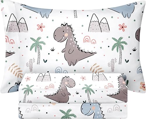 BYSURE Juego de sábanas para cama individual para niños (Dinosaurio, gris), 3 piezas de sábanas de bolsillo profundo de ajuste fácil, ropa de cama