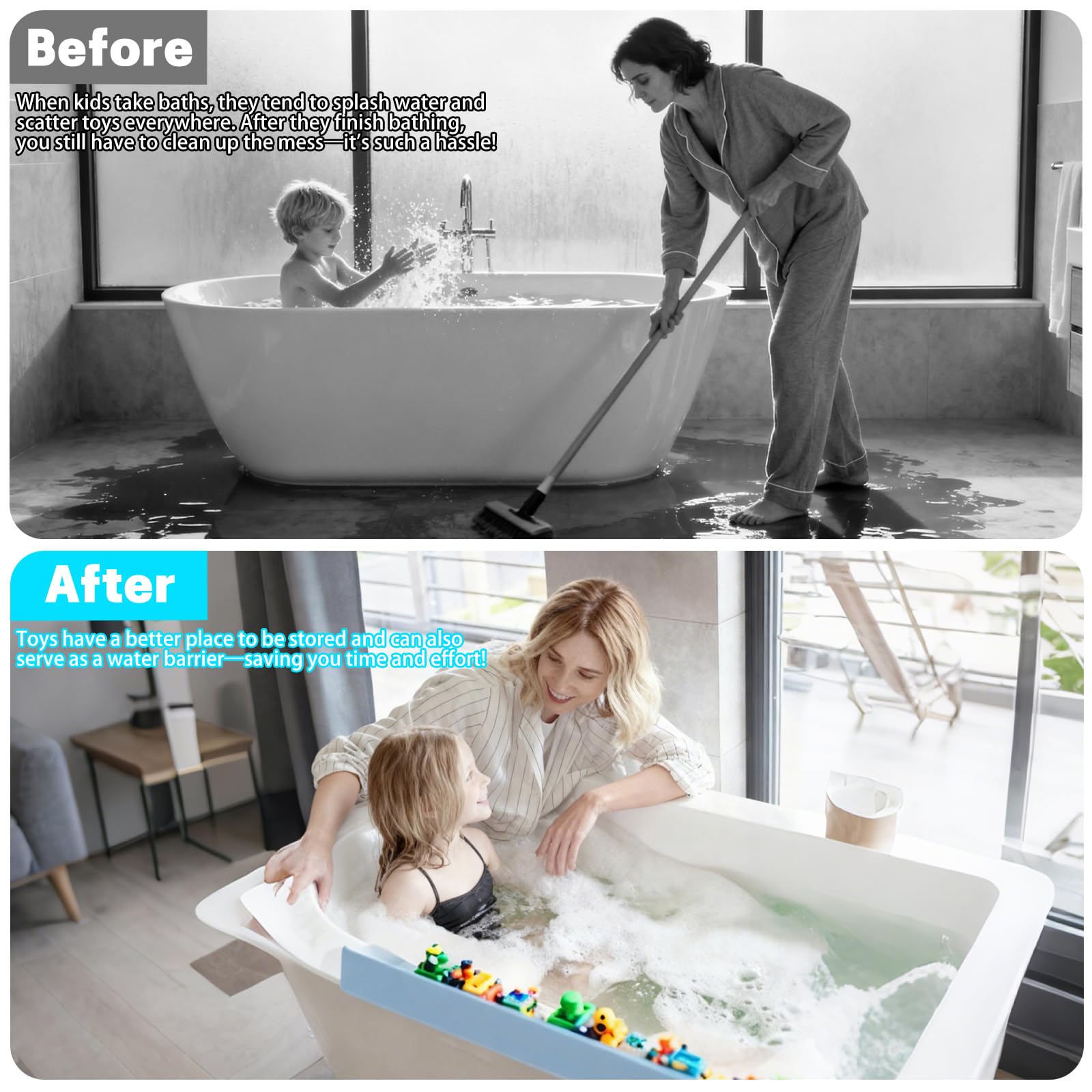 Protector de salpicaduras de silicona extra largo para bañera, color blanco, para evitar derrames de agua, accesorios de bañera para niños (2.6 pies, azul)