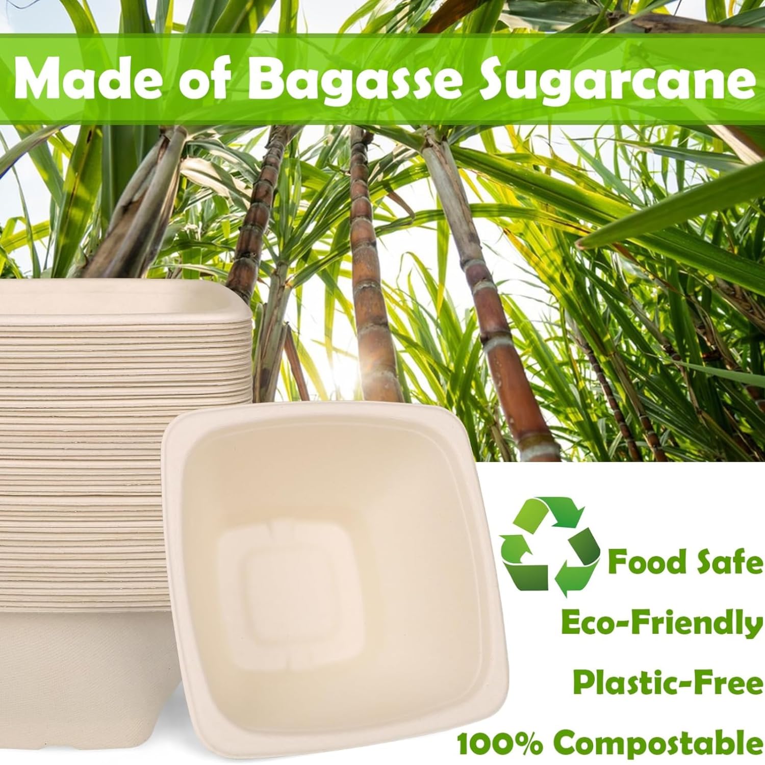 Paquete De 50 Cuencos De Papel Cuadrados Compostables De 16 Onzas – Cuencos De Bagazo Sin Blanquear Resistentes Y Ecológicos Para Cereales, Aperitivos, Barbacoa, Picnic, Fiesta De Cumpleaños