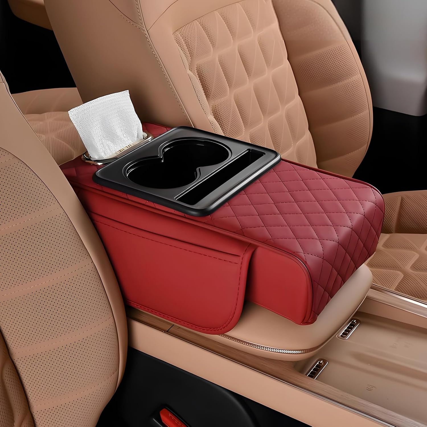 Center Console Cover for Car for Nissan AD/Cube/Pulsar/Serena/Skyline Car Armrest Cover Cushion Car Armrest Pad with Cup Holder,Wine Red
