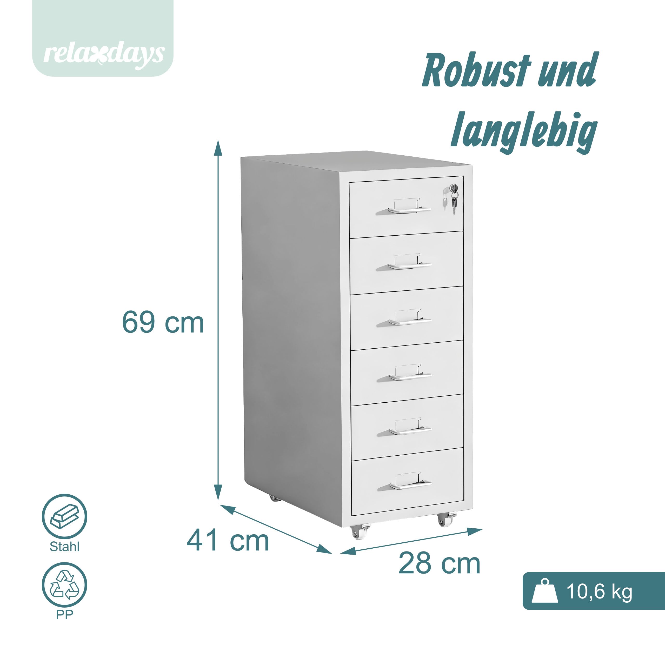 Relaxdays Rollcontainer, 6 Schubladen, HxBxT: 69 x 28 x 41 cm, abschließbar, Aktenschrank auf Rollen, Metall, weiß
