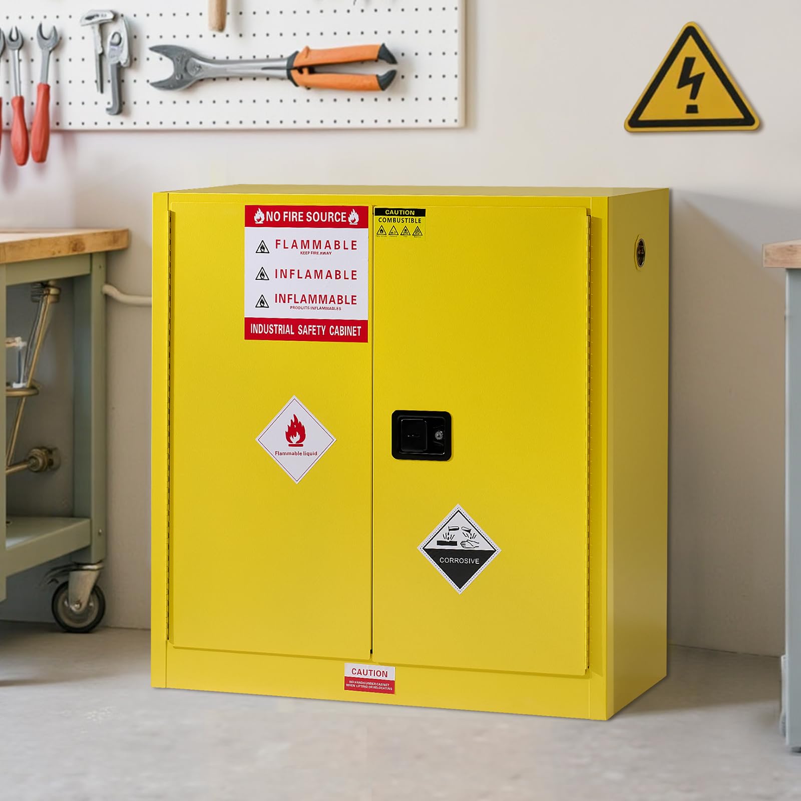 SPECRAFT 45 Gal Flammable Cabinet, 44x43x18 Inch, Cold-Rolled Steel, Adjustable Shelves, OSHA & CE Certified for Industrial, Commercial, Laboratory, and Institutional Use, Yellow