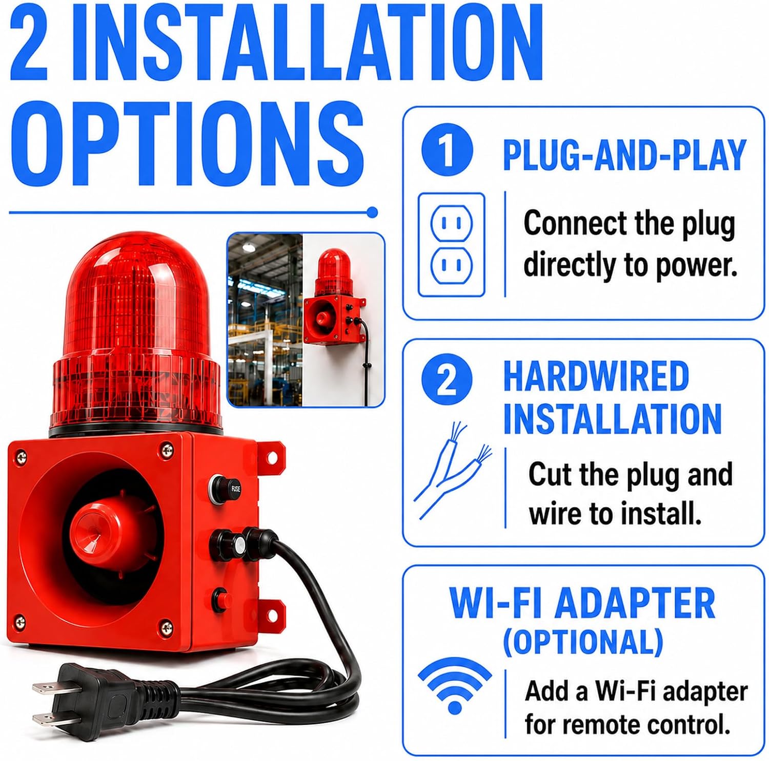 Industrial Siren Alarmwith Strobe Light, 120dB Adjustable Volume & Tone, Waterproof 110V Outdoor Warning Alarm for Warehouse, Factory, Office, Tornado Emergency