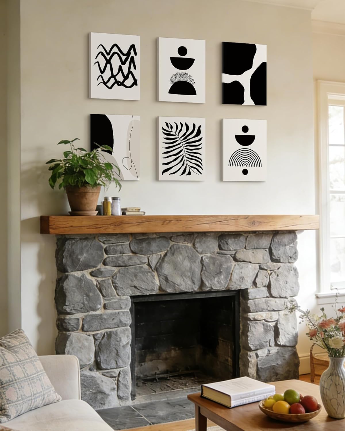 Drsoum Abstract Boho Wall Art Minimalist Geometric Framed Boho Room Decor Black Line Art Mid Century Modern Prints Bohemian Living Room Bedroom Ready to Hang 12x16inx6pcs (Framed)