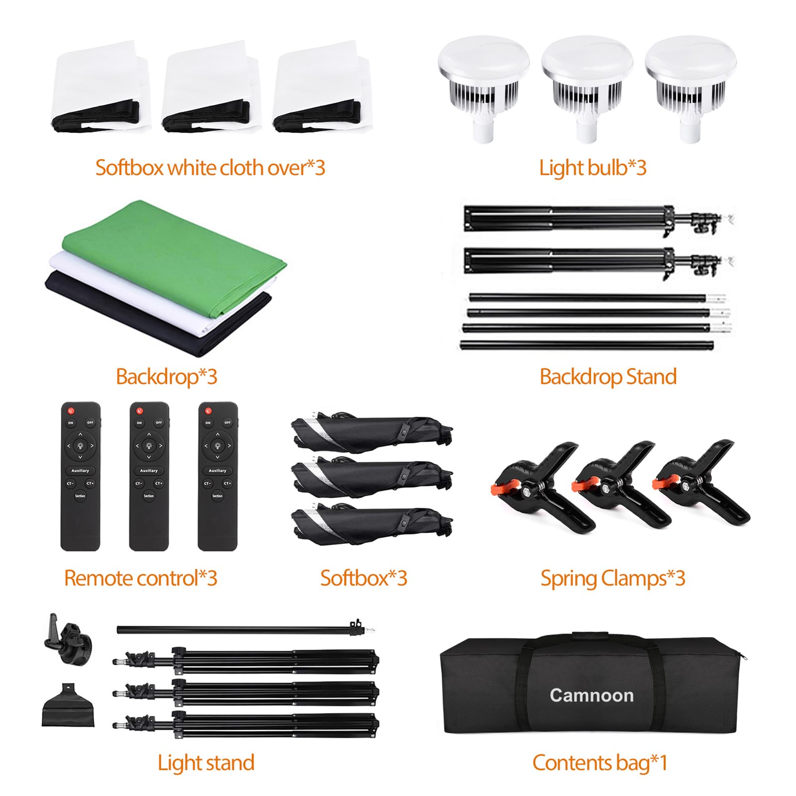 Softbox Set, Camnoon Fotostudio Licht Set mit 3 Softboxen, 3x85W 2800K-5700K Bi-Color Temperatur LED Licht, 3 Hintergrundstoff, Auslegerarm, Ständer, Tragetasche, für Produktfotografie/Live Streaming