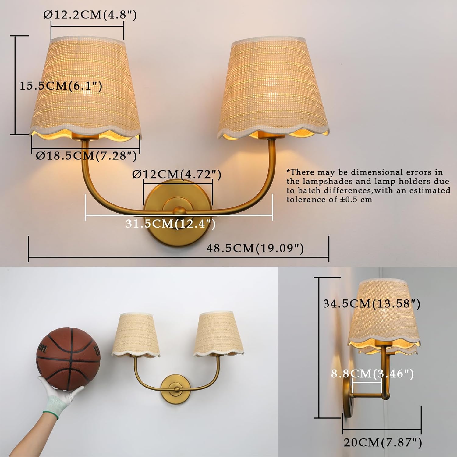 Phansthy Industrial Hardwired Wall Sconce Vintage Farmhouse Wall Light, Boho Brass Finished Wall Lamps with Natural Rattan Woven Lampshade for Bedroom, Living Room (Antique Gold, Two-Light)