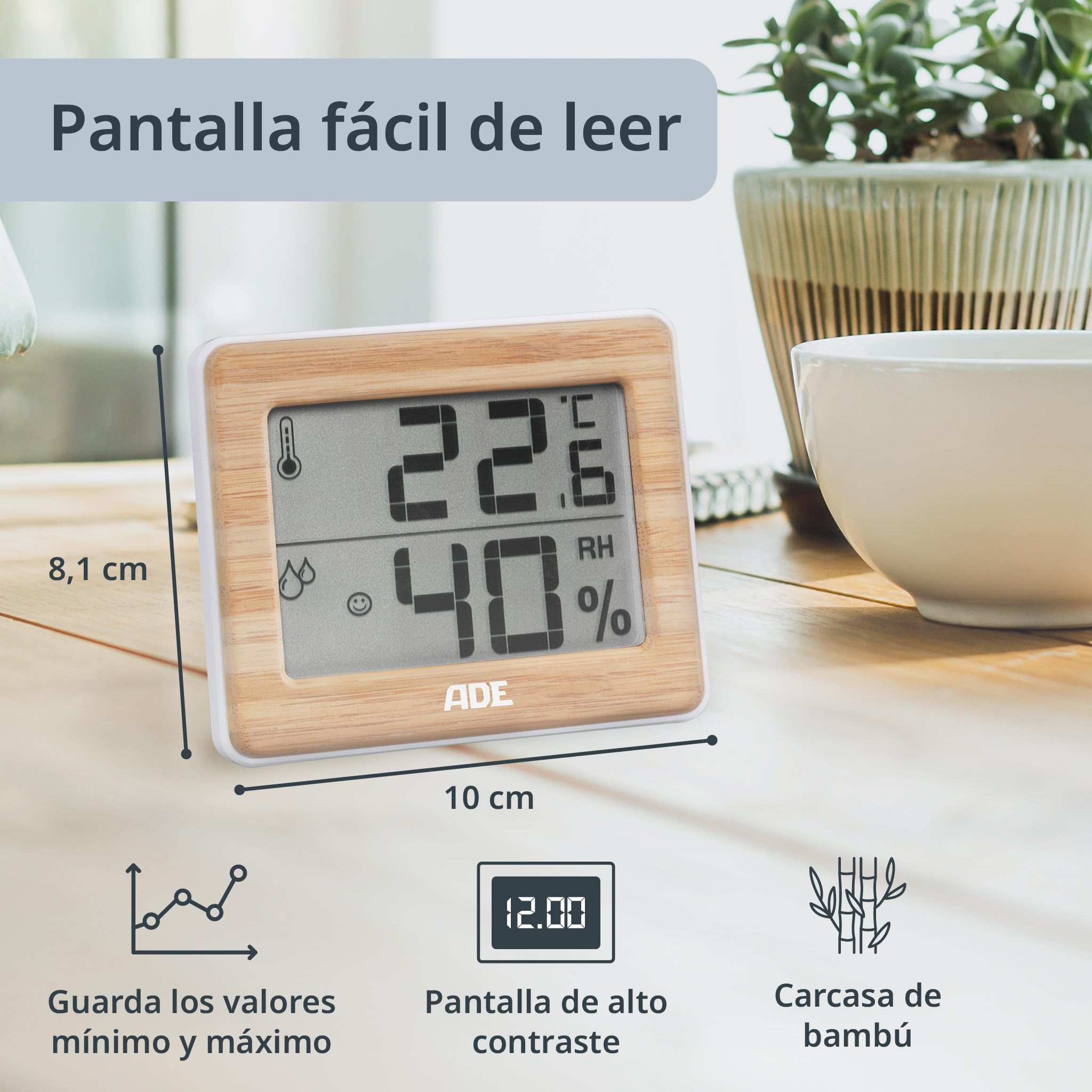 ADE Higrómetro digital para indicar la humedad y la zona de confort | termómetro con indicación precisa de la temperatura | pantalla LCD | bambú | 2 piezas