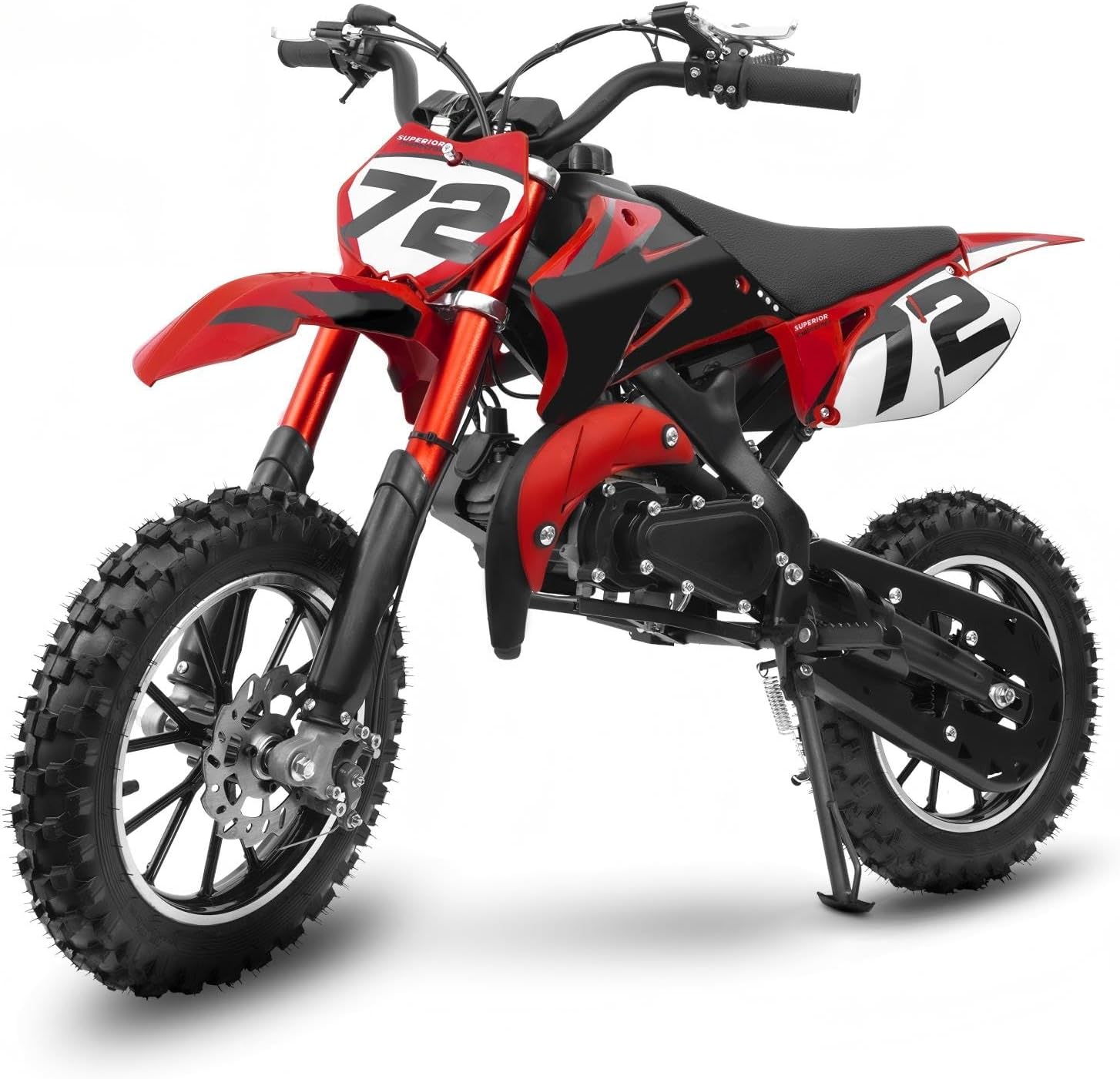 Kids Gas Powered Dirt Bike, 49CC 2-Stroke Gas Kids Dirt Bike, Pull Start Engine, Inverted Front Suspension, Rear Shock Absorber, Kill Switch, Disc Brakes, Red, with Chest Protector