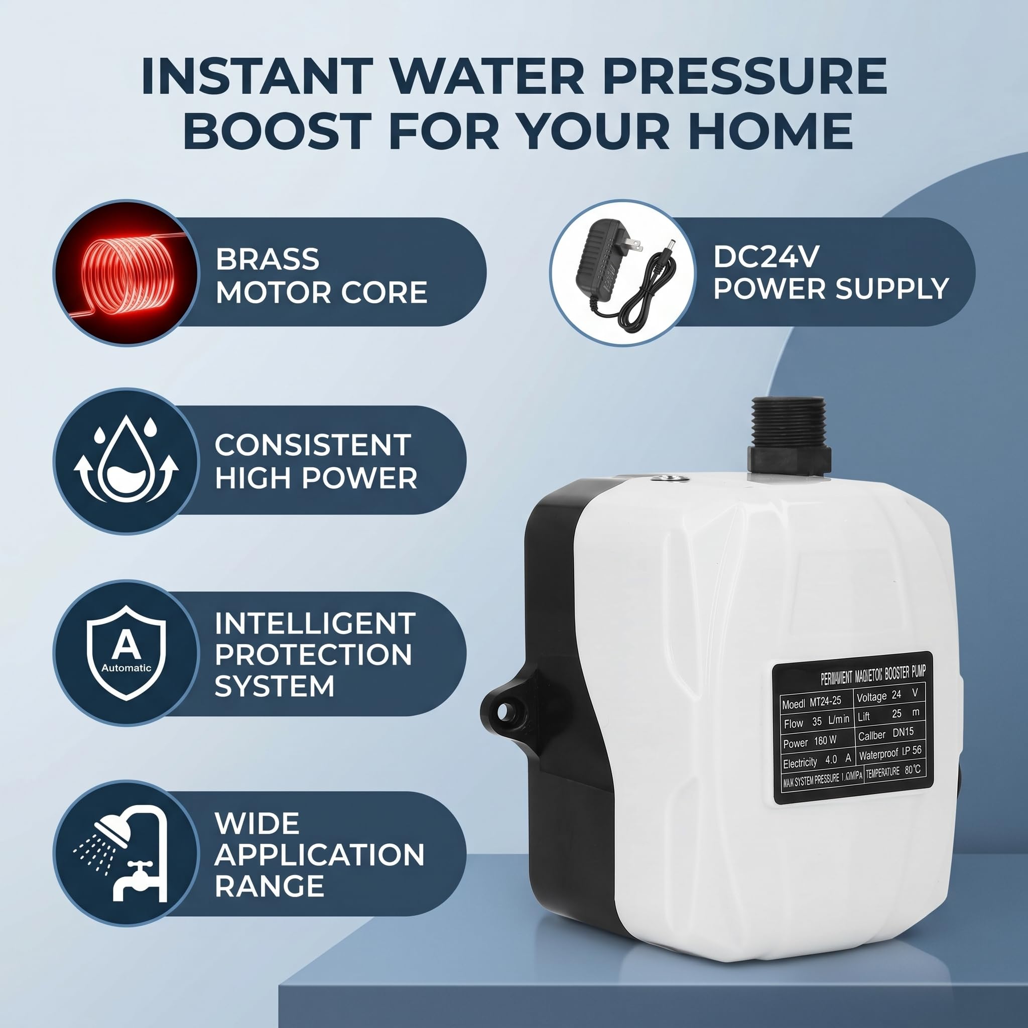 Fafeicy Pompe de Remise en Pression, 180 W, 24 V CC, Moteur en Laiton | Démarrage et Arrêt Intelligents, Faible Bruit pour Lavabo et Douche