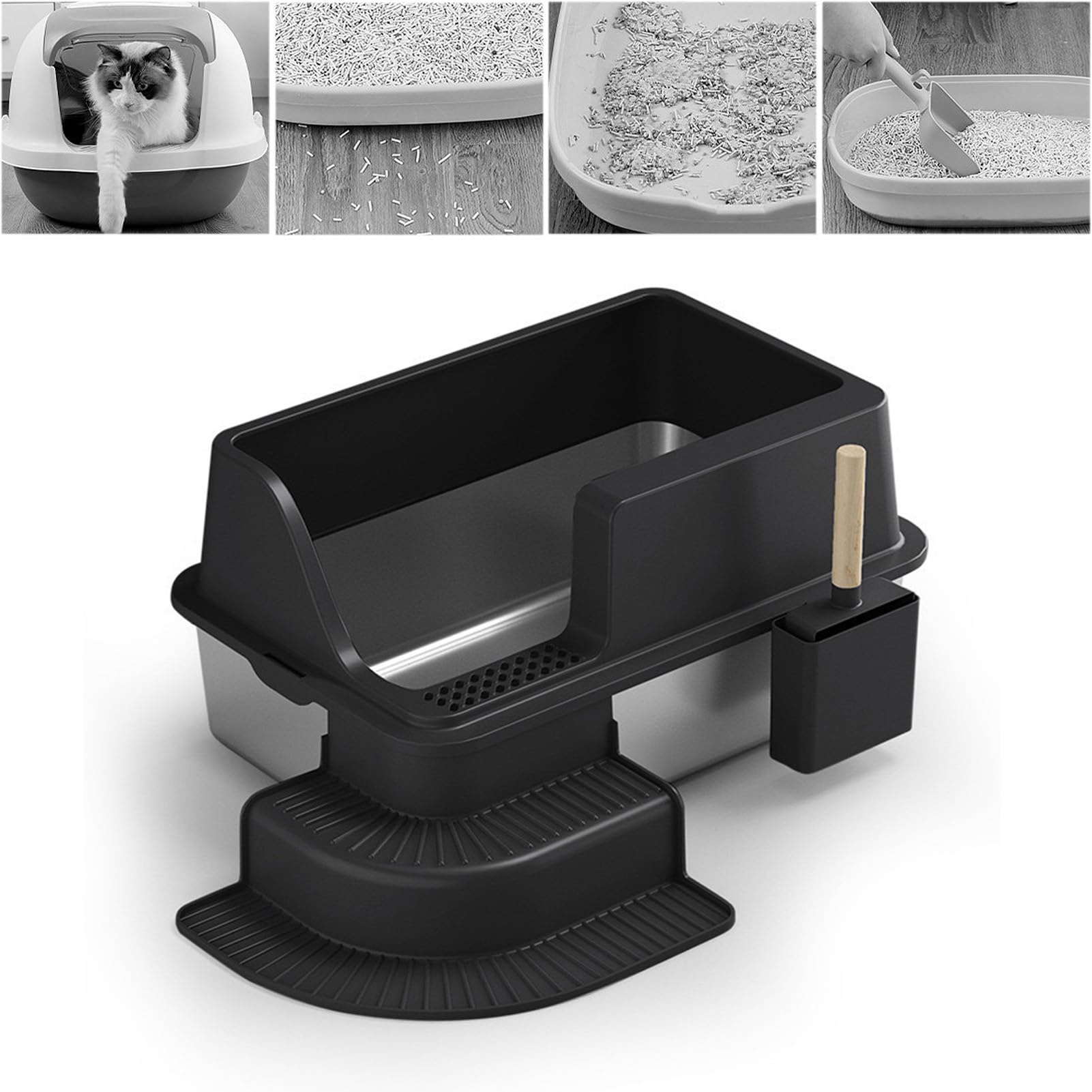 FILFEEL Lettiera per Gatti Extra Large in Acciaio Inossidabile - Design Semi-chiuso con Lati Alti con Protezione e Odore per Gatti di Razze Multiple o Grandi - Lettiera per Facile da Metallo (BLACK)