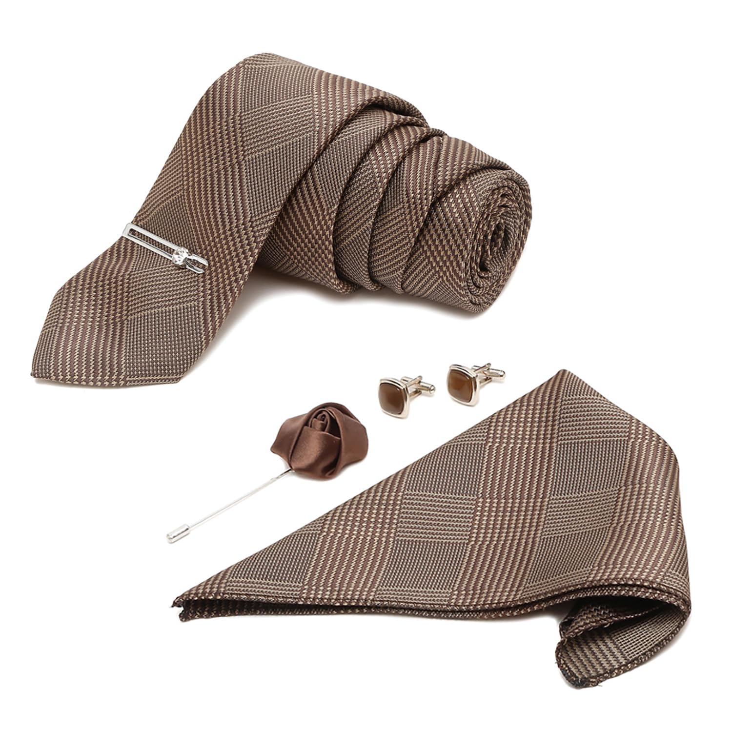Mens Maple Brown Italian Silk Necktie Set Incl Pocket Square Cufflinks Chrome Tiepin Brooch American Style Formal Tie Gift Set for Men (BR07CP)-image-31