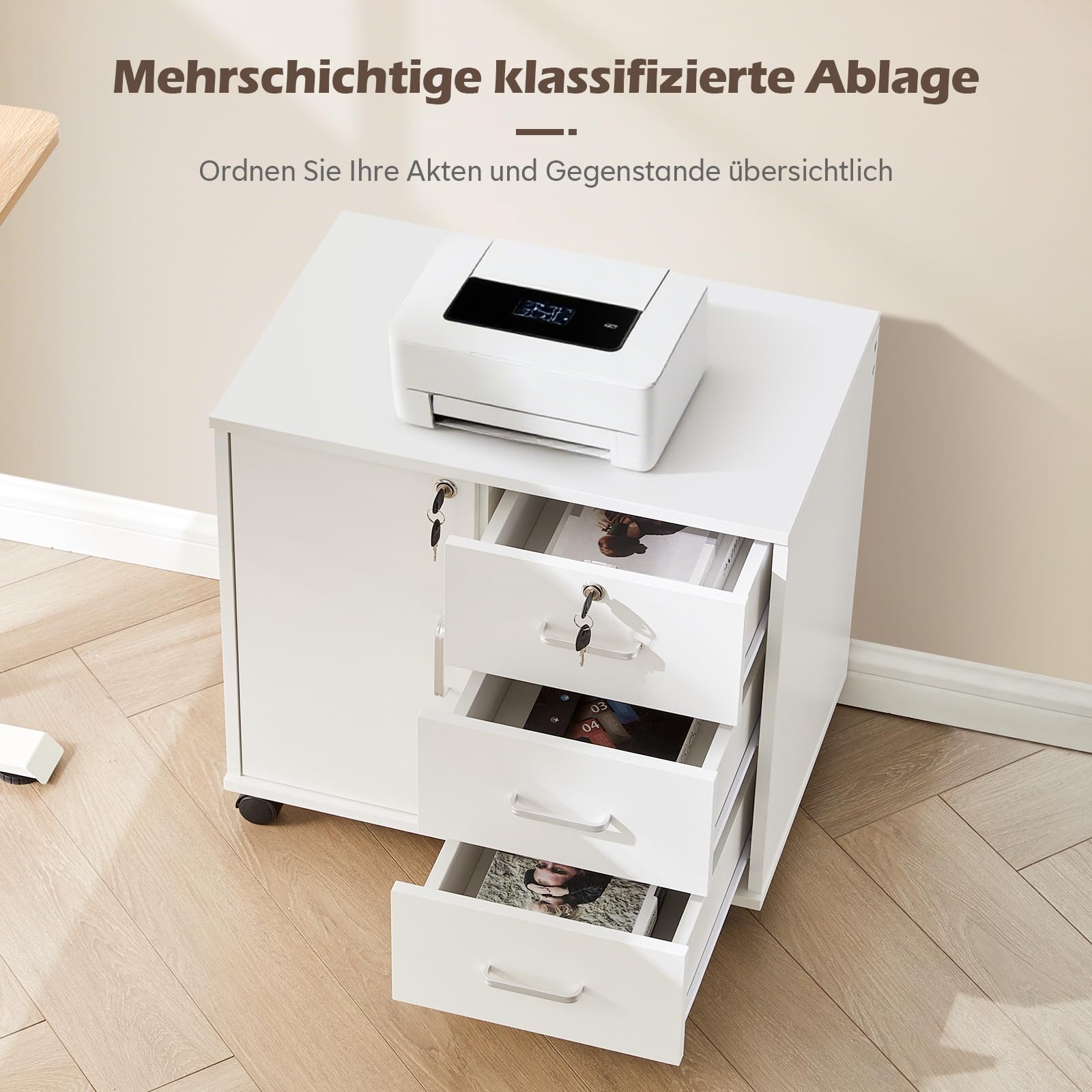 TUKAILAI Rollcontainer Abschließbar, Mobiler Aktenschrank mit 3 Schubladen und Schrankfach, 4 Rollen, Schubladenschrank für Büro und Home Office, Weiß