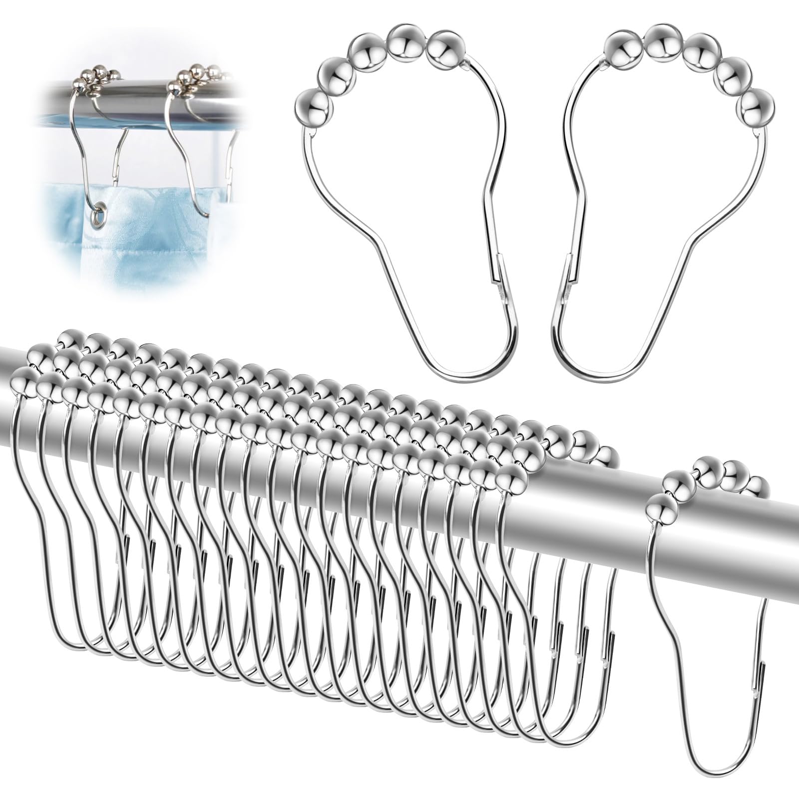 24 Anneaux De Rideau De Douche WEKIWGOT - Crochets Antirouille Ovales Pour Tringle Salle De Bain, Installation Facile Et Durable