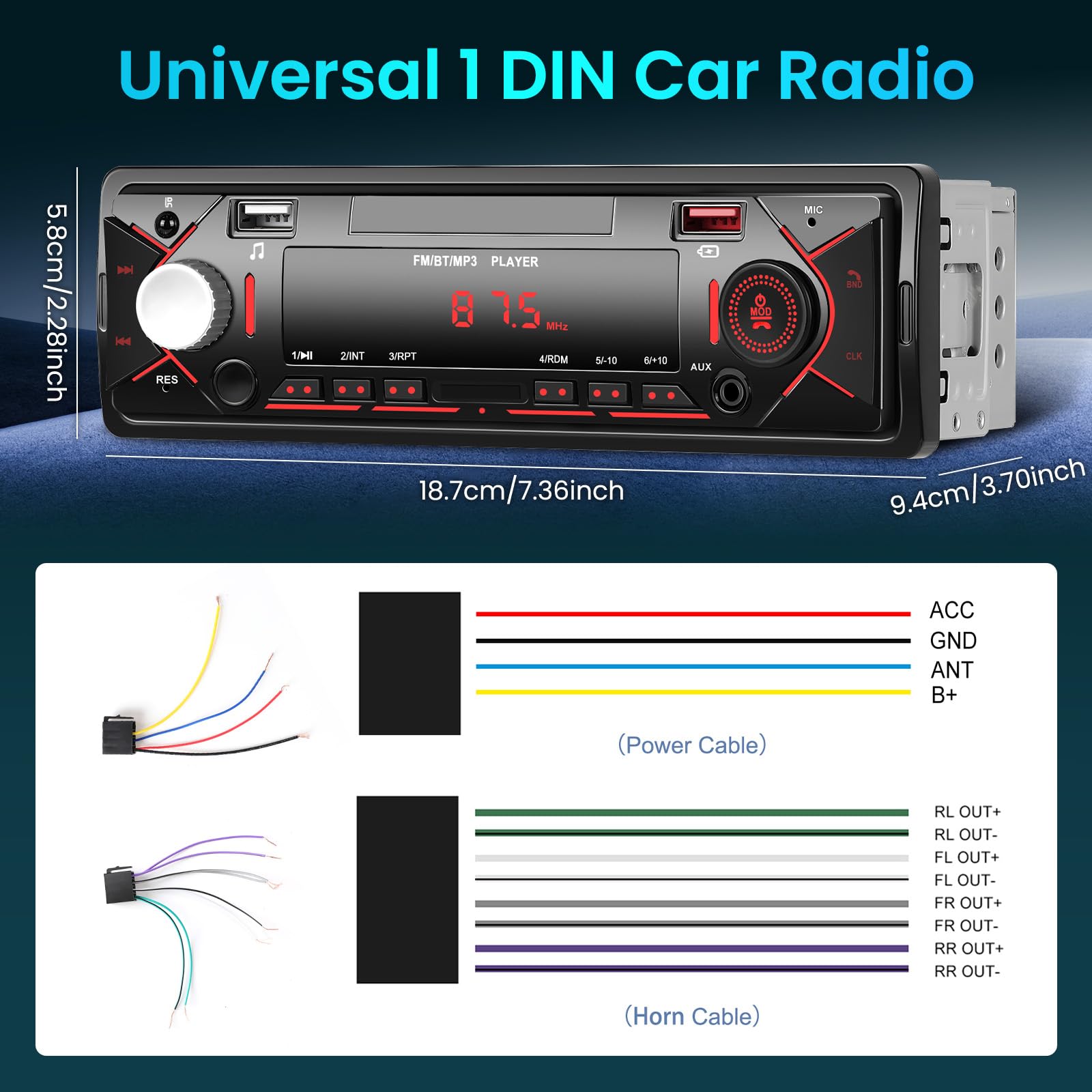 1 Din Autoradio mit Bluetooth Verbindung, Radio 1 DIN mit FM, USB/SD/AUX-IN, Fernbedienung, LCD-Anzeige und Schnellladung