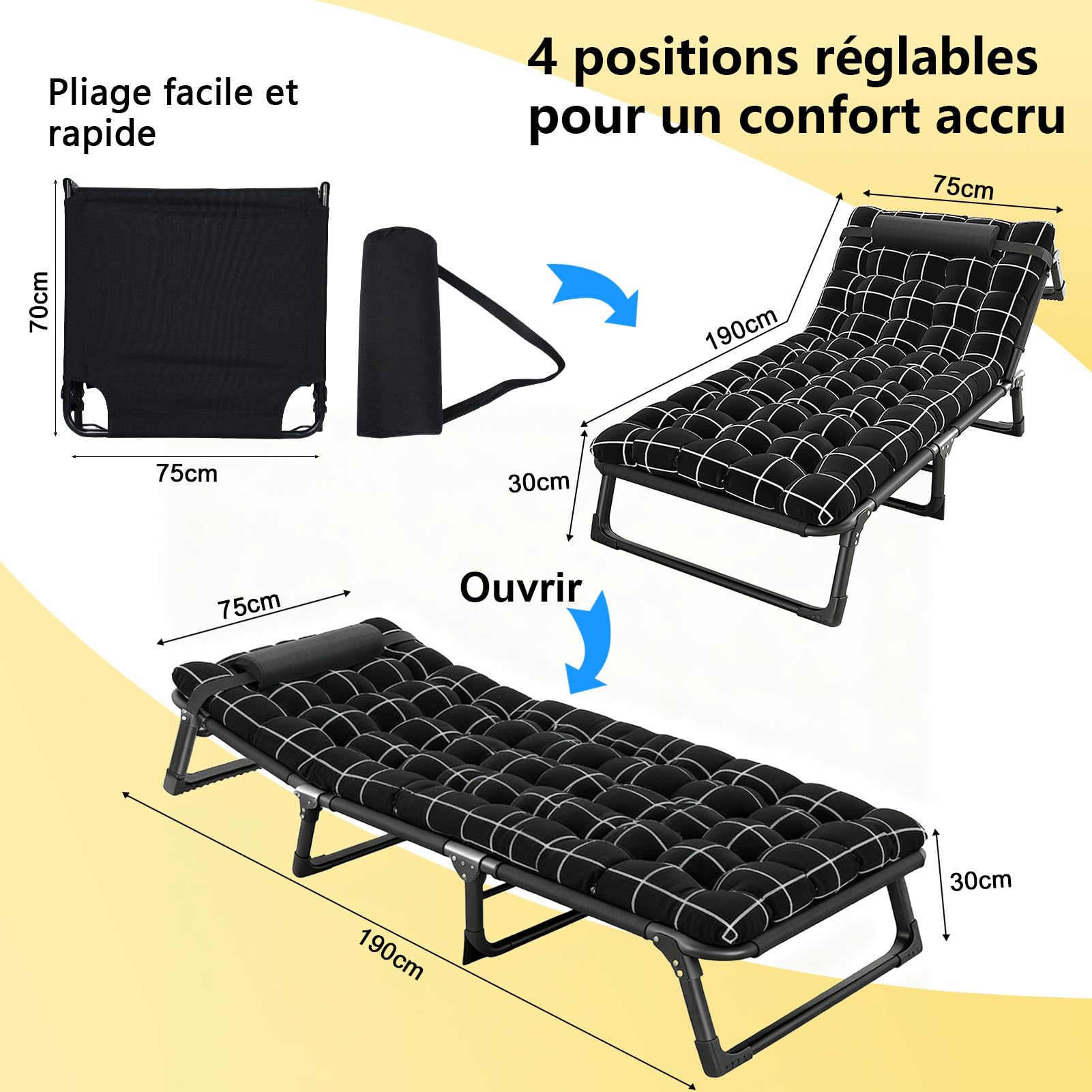 Lit Pliant 1 Personne avec Matelas en Coton Perle Faux, Lit de Camp Pliable Réglable 4 Positions pour Camping, Maison, Jardin – Cadre Acier Résistant 200kg, Compact et Portable (Noir)