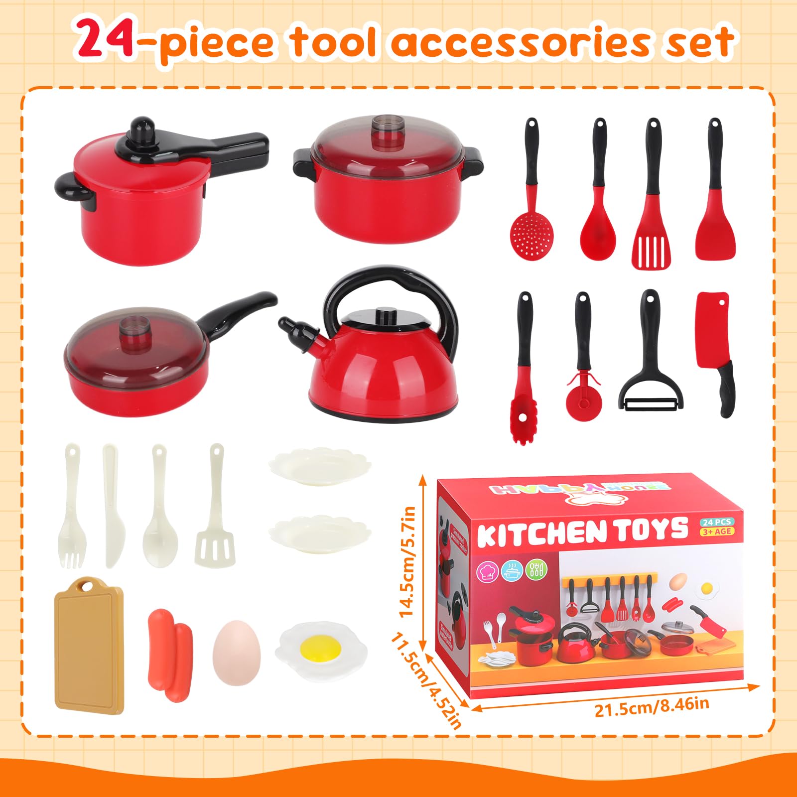 24 PCS Juguetes de Cocina para Niños - Juego de Ollas, Sartenes y Utensilios con Alimentos Cortables, Juguete Educativo Montessori para Niños/Niñas 3-8 Años, Ideal para Exteriores y Juego de rol (24)