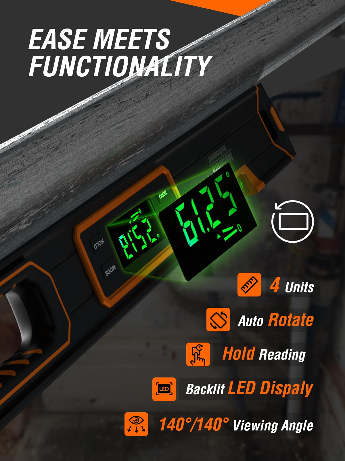 Mecurate 24-Inch Digital Level, Professional Smart Precision Torpedo Level Tool, Bright LCD Display, Audible Alerts - Image 3