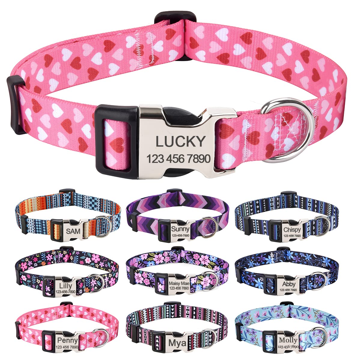 HQYDDMI Personalized Dog Collar - Valentine's Day Heart Dog Collar, Custom with Name and Phone Number - Adjustable Sizes for Large Dogs - for Male Female Boy Girl Puppy(Pink Heart,L) — image 1