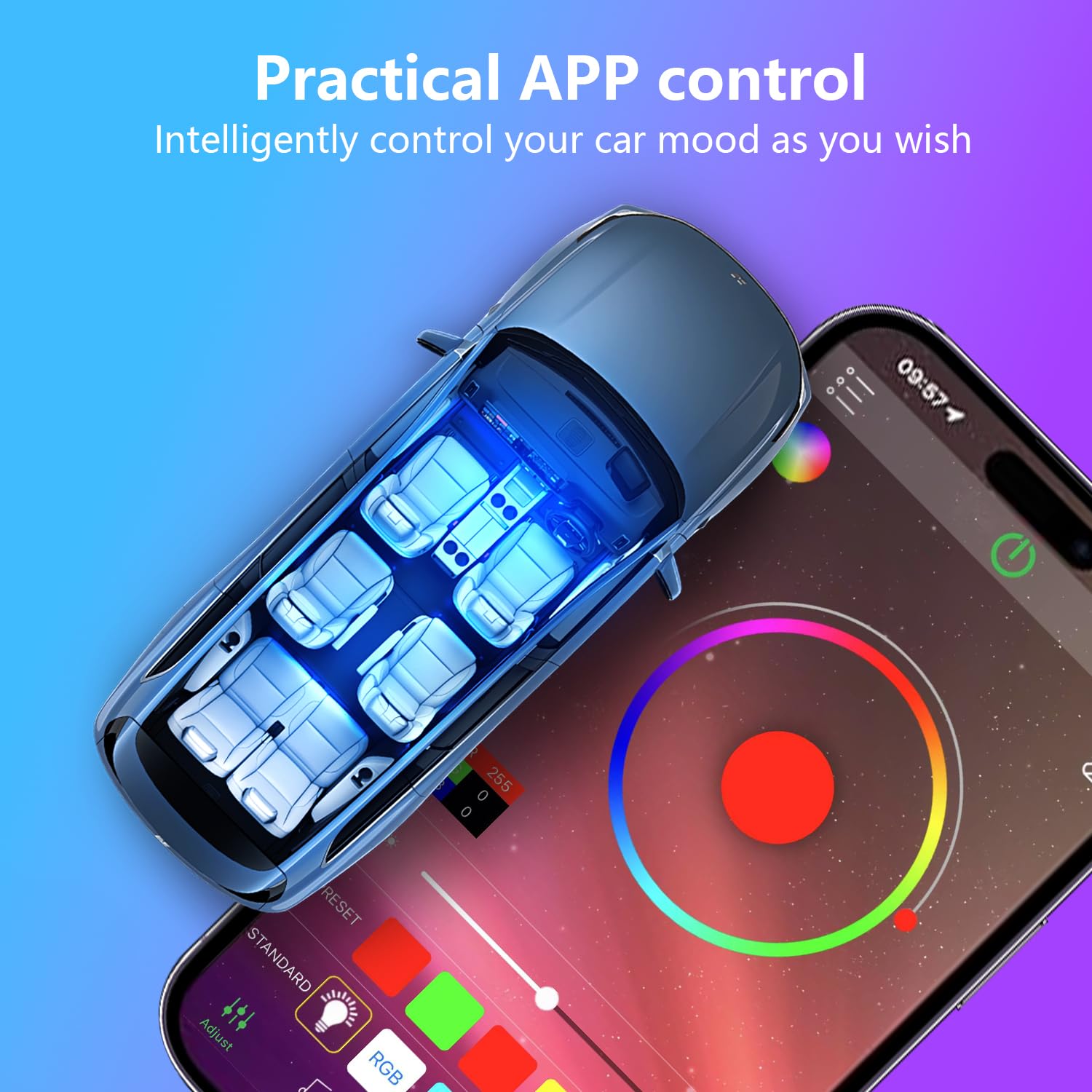 Tiras de luz LED para coche con control de aplicación inteligente de 4 hilos, kit de 72 luces LED multicolor con sincronización de música para coches, camiones, SUV a través de encendedor de