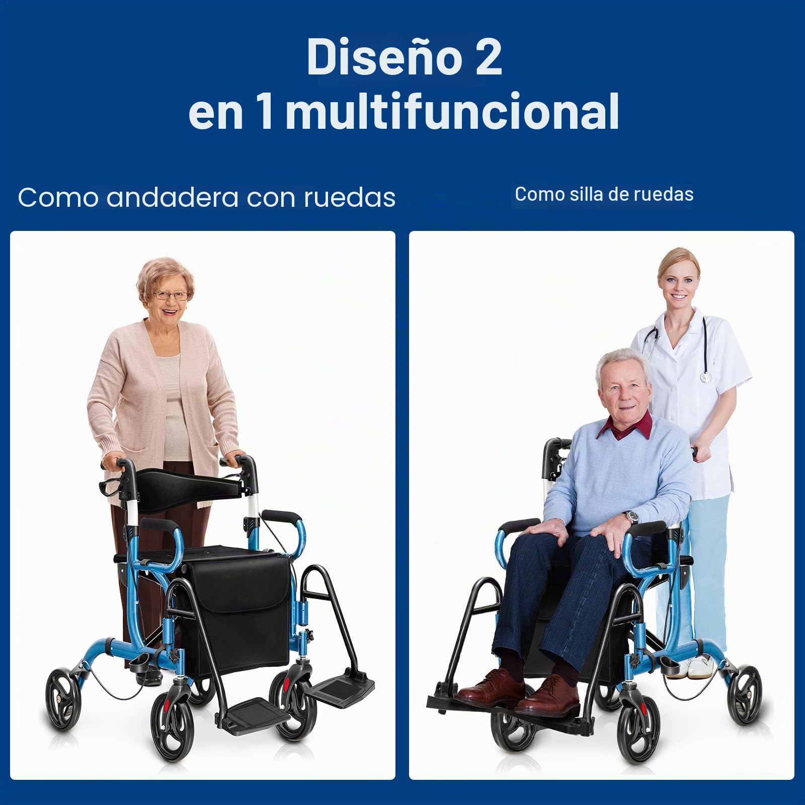 HOMASIS 2 en 1 Andador con Ruedas PVC para Ancianos, Andador Plegable con Asiento y Mangos de 6 Alturas Ajustables, Silla de Transporte, Marco de Aluminio, Hasta 160 kg (Azul)